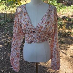 Nasty Gal Pink and Orange Floral Peasant‎ Blouse Size 8